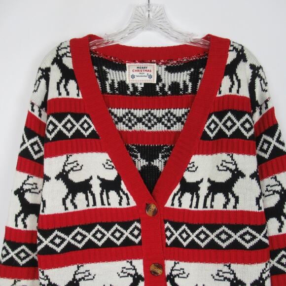 DAISYS BOUTIQUE Elk Reindeer Long Sleeves Knit Christmas Cardigan Sweater Medium - Picture 3 of 13
